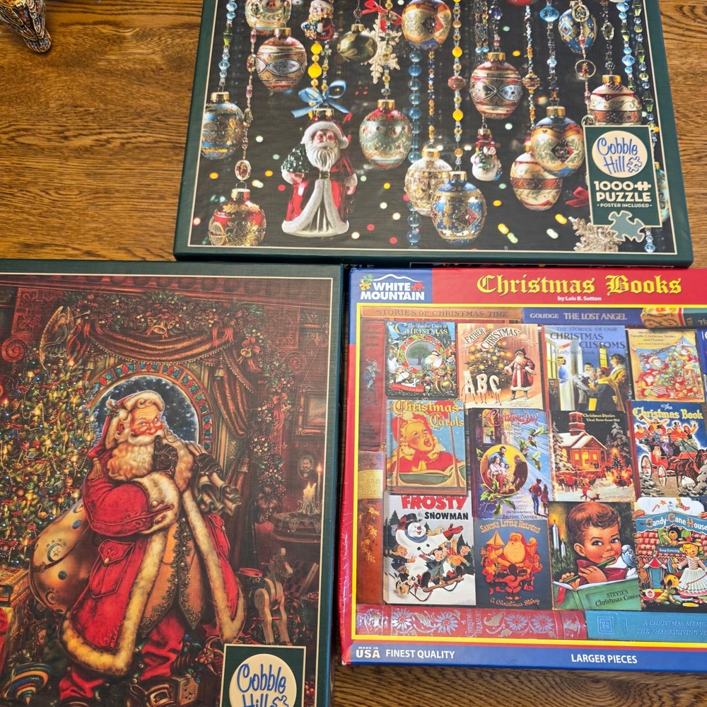 Lot of 3 Christmas 1000 Piece Puzzles White Mountain Cobble Hill Santa Vintage